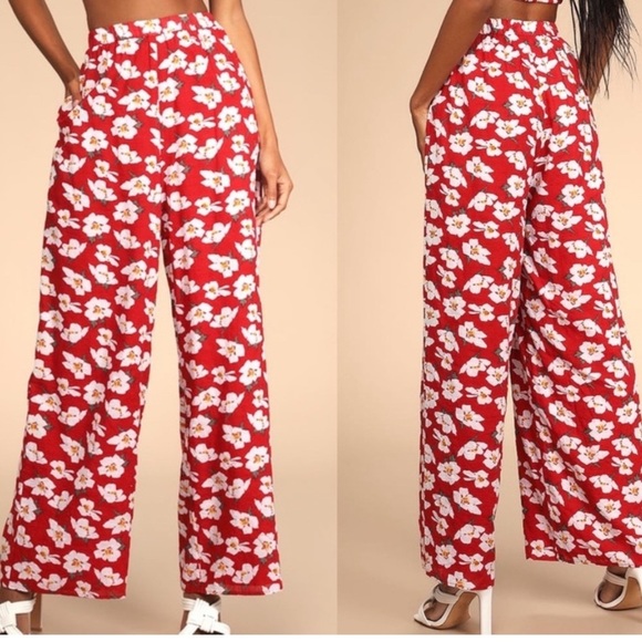 Lulus Red Floral Wide Leg Pants Colorful Cotton Casual Pull‎ On Style Medium - Picture 1 of 8